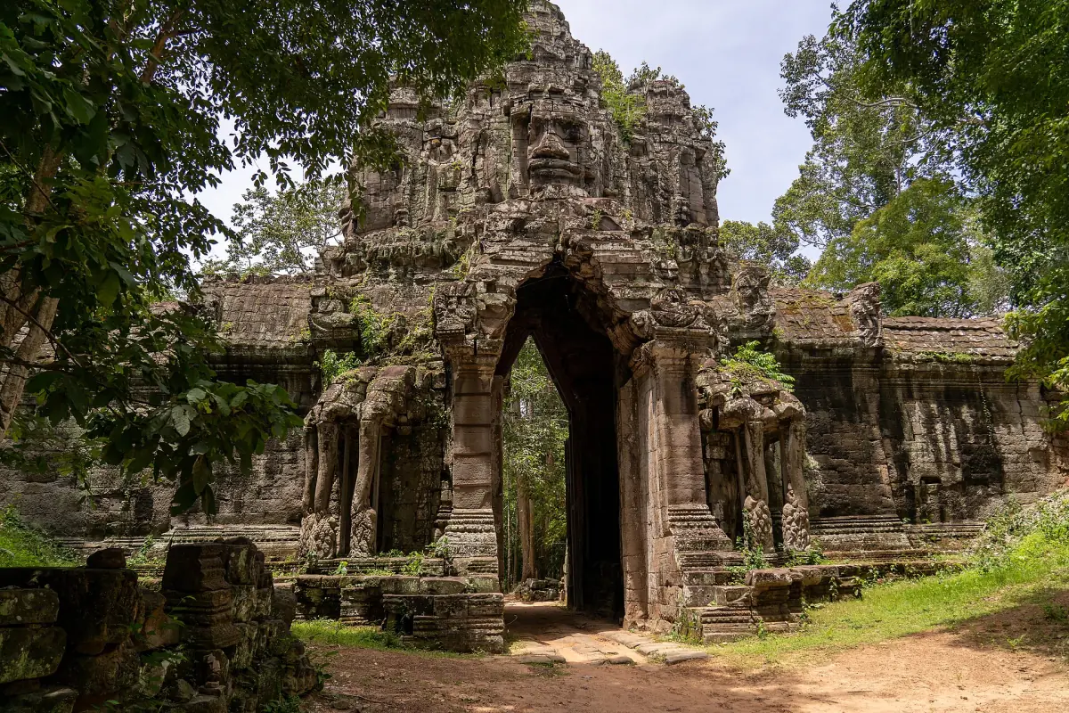 Gate tower with a stone face and an arched passage in the forest