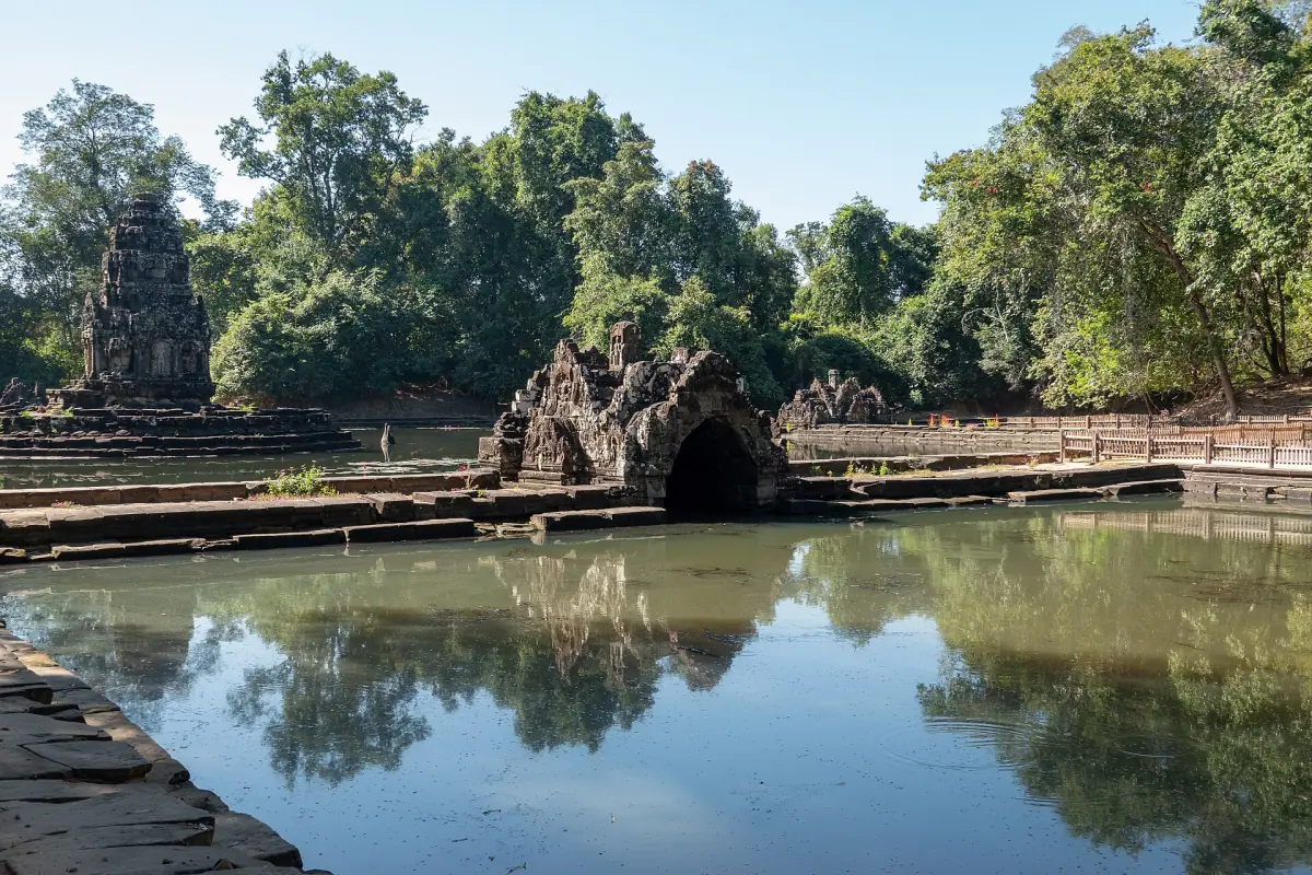 Neak Pean pond with the shrine reflected in the water