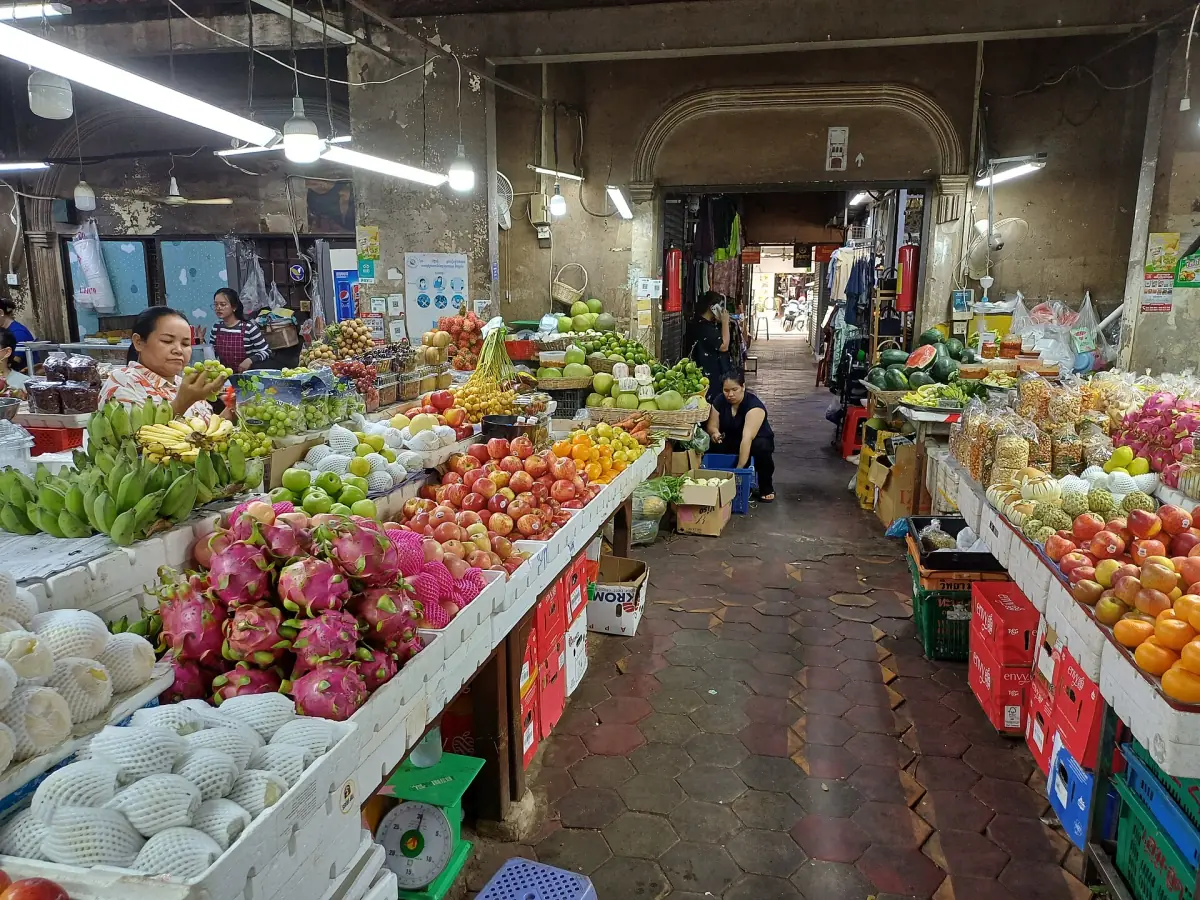 Fruit stalls inside the Siem Reap market hall
