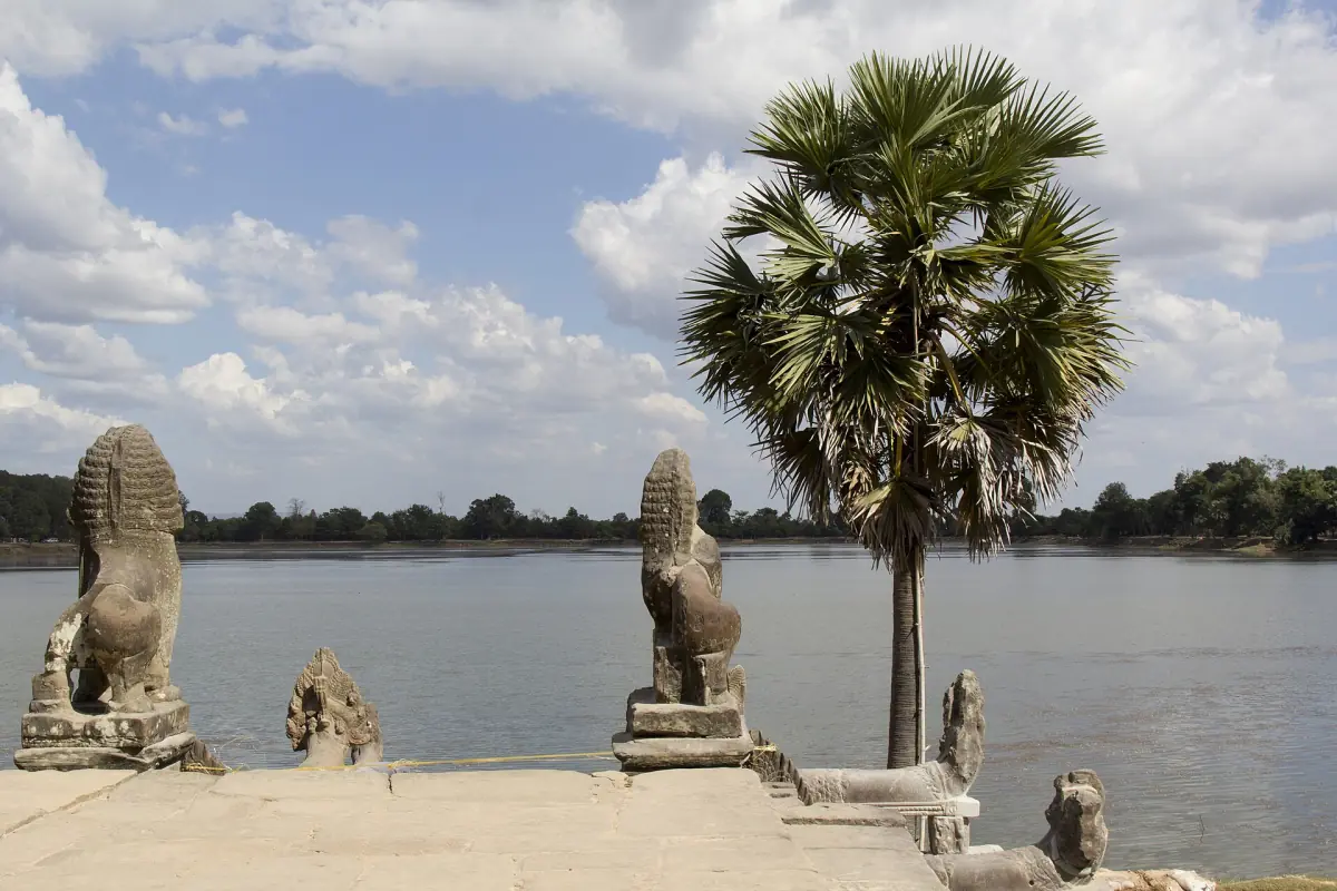 Stone lions and a palm tree at the edge of the Srah Srang pool