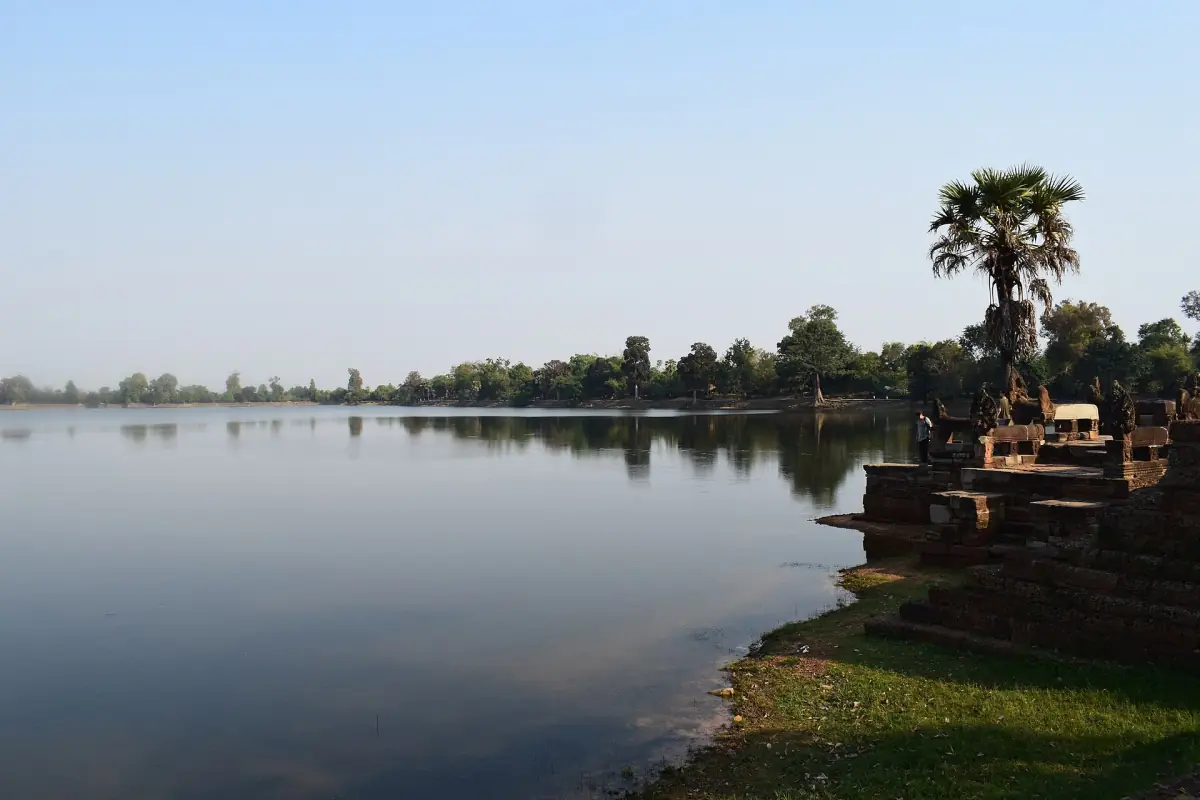 Wide still water of the Srah Srang reservoir