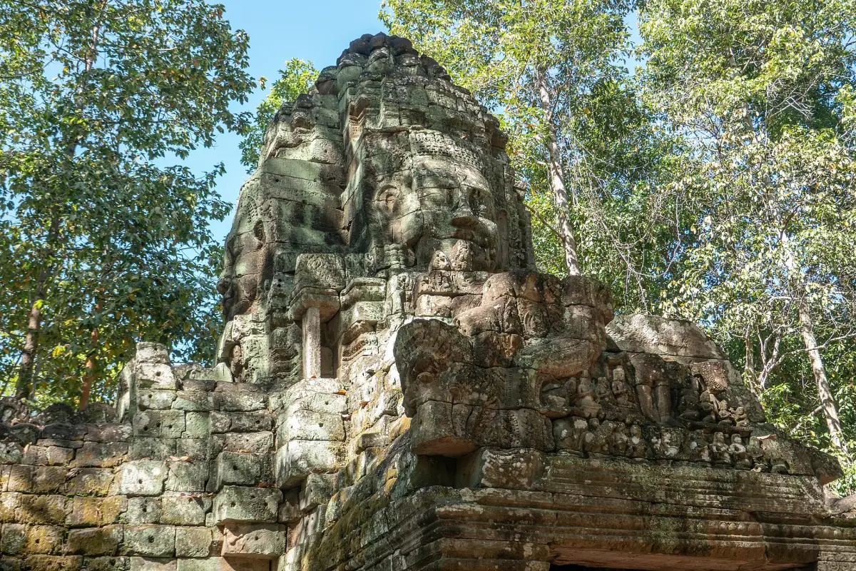 Face tower of Ta Som beneath tall trees